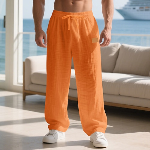 Herren Leinenhosen Hose Sommerhose Strandhose Kordelzug Elastischer Bund Einfarbig Komfort Atmungsaktiv Täglich Outdoor Strand Urlaub Mode Blau Schwarz Image