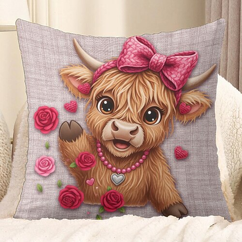 Valentinstag-Kissenbezug mit 2D-Flachdruck, Kuh mit rosa Herzbrille und Rosen Herzen, Wellenmuster, niedlicher rosa Dekokissenbezug, Valentinstagsgeschenk Image