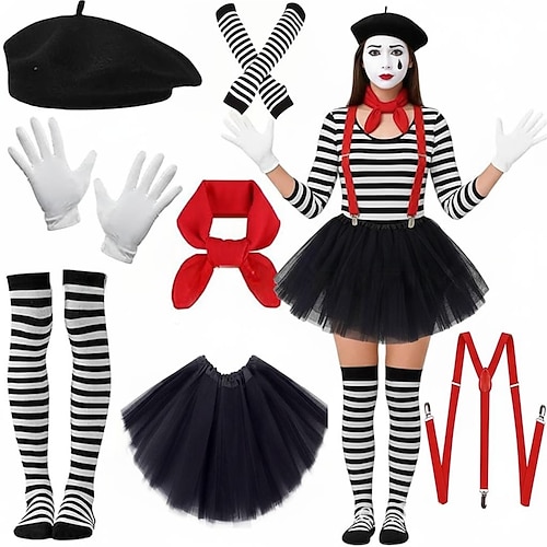 Karnevalskostüm 2026 Pantomimenkünstler Pantomime-Clown Karneval Mehre Accessoires Ausgefallene Kostüme Zirkus Cosplay-Kostüm Gestreift Erwachsene Damen Halloween Karneval Party Leistung Einfaches Image