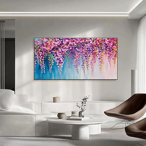 Handgemaltes 3D-Ölgemälde auf Leinwand mit rosa Kirschblüten, handgemalte farbenfrohe Blumenlandschaft, Frühlingsdekor, abstrakte, strukturierte Wandkunst, originale Kirschblüte Image