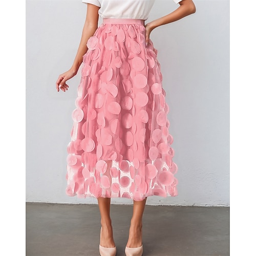 Damen Asiatische Größe Elegant Mode Midi Hohe Taille Röcke Einfarbig Blume Blumen Tüll Mikroelastisch Familientreffen Alltagstauglich Aprikose Weinrot Schwarz Weiß Frühling, Herbst, Winter, Sommer Image