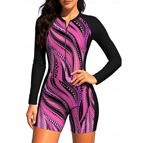 Damen Rash Guard Tauchanzug Badeanzug Badeanzug-Set Abstrakt Geometrie Reißverschluss Herausnehmbare Polsterung Frontreißverschluss UV-Sonnenschutz UPF50 Ultraleicht (UL) Langarm Bademode Schutz Image