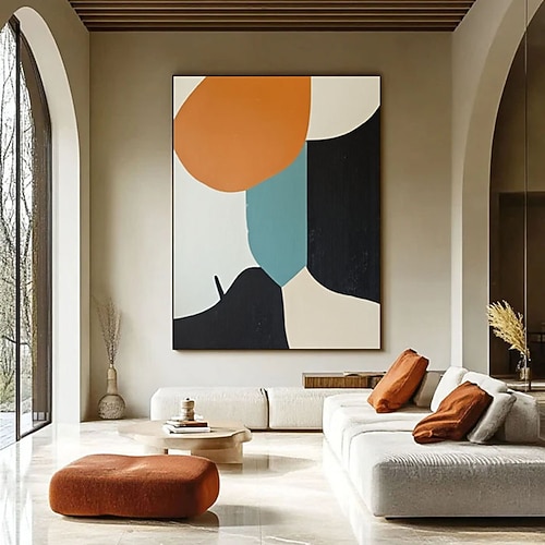 Handgemaltes abstraktes minimalistisches Gemälde im Stil der Mitte des 20. Jahrhunderts mit abgerundeten Formen, farbenfrohes, elegantes modernes Poster in Orange, Blau, Schwarz und Weiß, Wandkunst Image