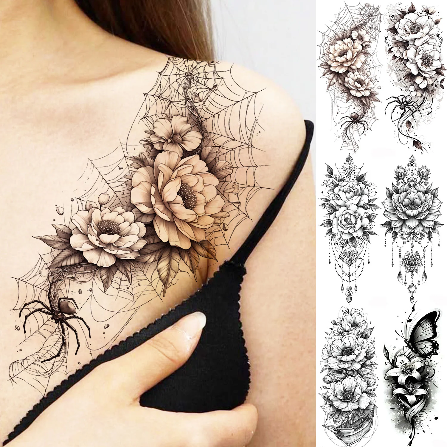1 Blatt wunderschöne Spinnennetz-Blumen, temporäre Tattoos für Frauen, Lotus-Schmetterlings-Tattoos, wasserdichter Fake-Tattoo-Aufkleber, langlebig Image