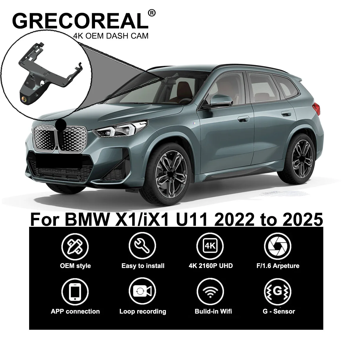 GRECOREAL 4K Dash Cam Vorne und Hinten WiFi Auto Dual Dashcam APP Steuerung Einfache Installation Plug Play Kompatibel mit BMW X1 iX1 U11 Image