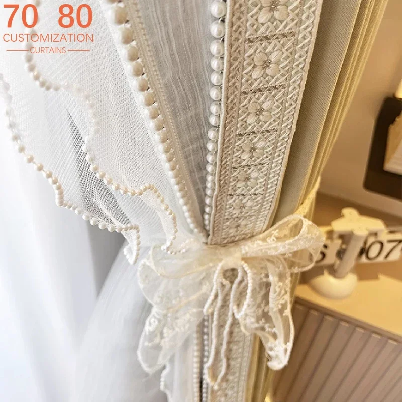 Matcha-grüne französische Retro-Stickerei, Perlenspitze, Chenille-Verdunkelungsvorhänge für die individuelle Gestaltung von Wohnzimmer und Schlafzimmer Image