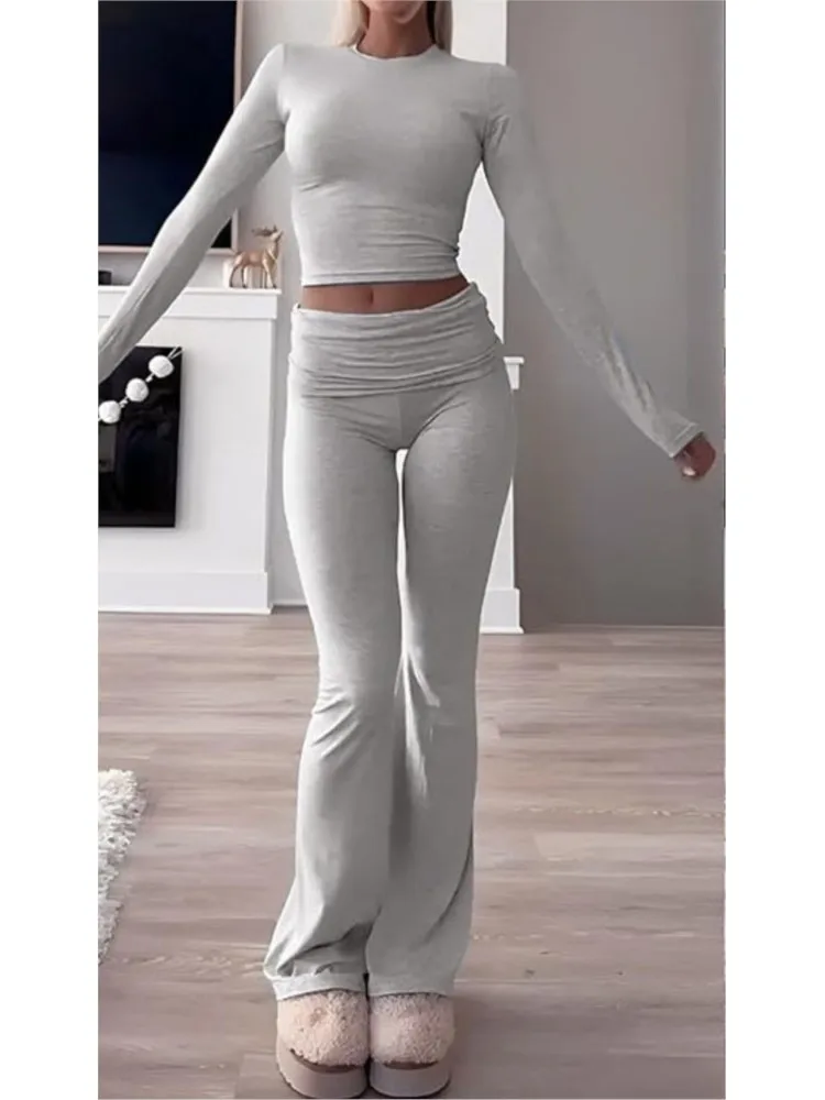 Dame Casual Solide Schlank Set Mode O Hals Langarm Tops + Hohe Taille Hosen Zwei Stück Sets Für Frauen sport Frauen Kleidung Neue Image