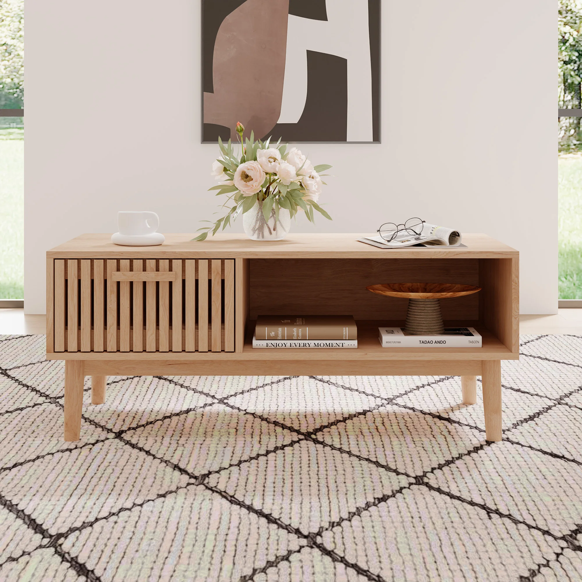 Rattan-Couchtisch, 100 x 50 x 43 cm, Wohnzimmertisch mit Schublade und Regal, Aufbewahrungstisch, Wohnzimmertisch für Schlafzimmer, Balkon