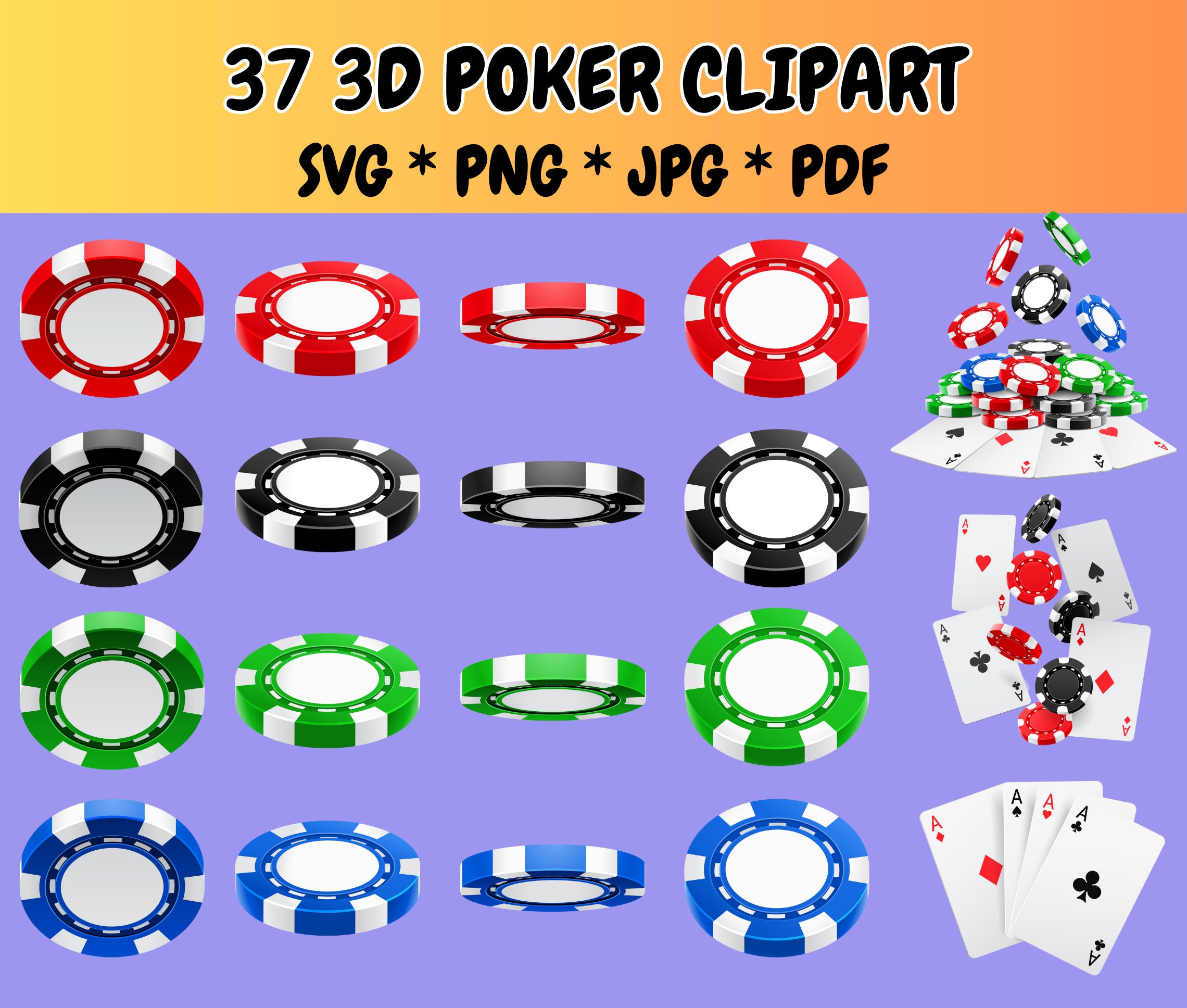 37 3D Poker Clipart Bundle SVG PNG JPG PdF Icone, Fiches da Poker, Assi, Casinò, Dadi, Grafica Vettoriale