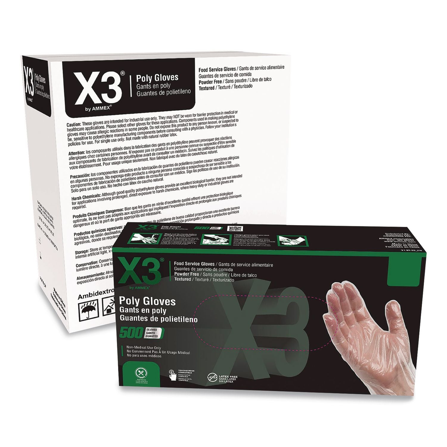 X3 by AMMEX Polyethylene Food Safe Industrial Gloves, Powder-Free, Large, Clear, 500/Box, 20 Boxes/Carton (AXCPGLOVEL500XX)
