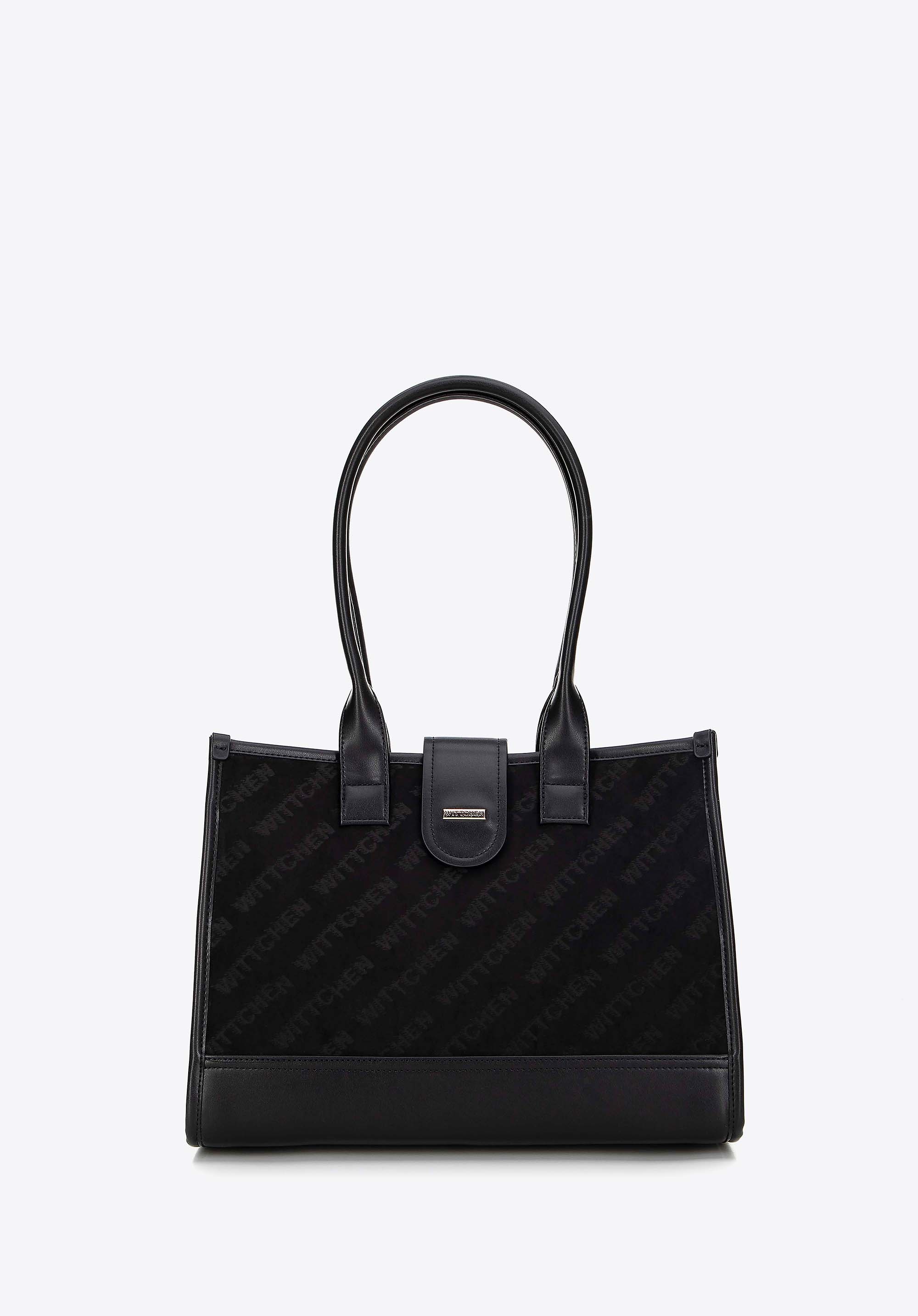 Wittchen Damen-Schultertasche, klassisch, mit Stoffeinsatz, Schwarz, Kunstleder