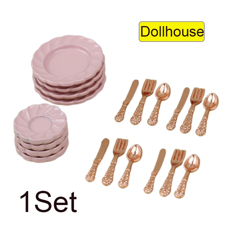 16-teiliges Puppenhaus-Geschirr-Set, Vintage-Miniatur-Teller, Schüssel, Gabel, Messer, Löffel-Set für Puppenhaus, Küchenmöbel