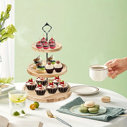 Alzata per torta multistrato in legno massello a 3 piani vassoio da dessert in ferro battuto con gamba alta Espositore per dolciumi, vassoio di frutta, espositore rotondo in legno di acacia,