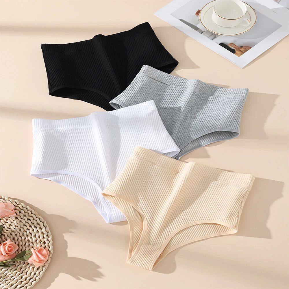 4 Stück Damen-Unterwäsche aus Baumwolle mit hoher Taille, weich, bequem, atmungsaktiv, dehnbar, Bauchkontrolle, schlankmachende Alltags-Slips Image