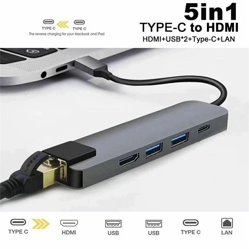 FC&EC 5-in-1 USB-C-Hub Typ-C zu 4K-HD-Adapter mit RJ45-Netzwerkanschluss, 100M-Ethernet-LAN-Ladeanschlussadapter für Macbook Pro Image