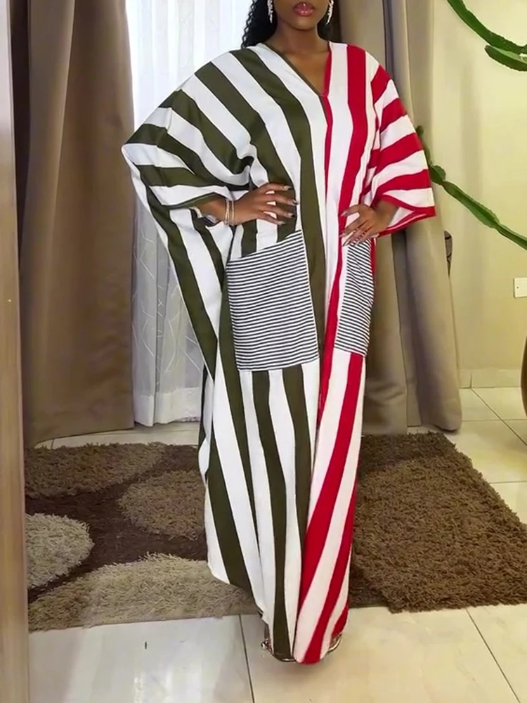 Einfache Aushöhlen Dame Hohe Taille Kleid Casual Rot Grün Streifen Gedruckt Party Roben Elegante Fledermaus Ärmel Lose Pendeln Maxi Kleid