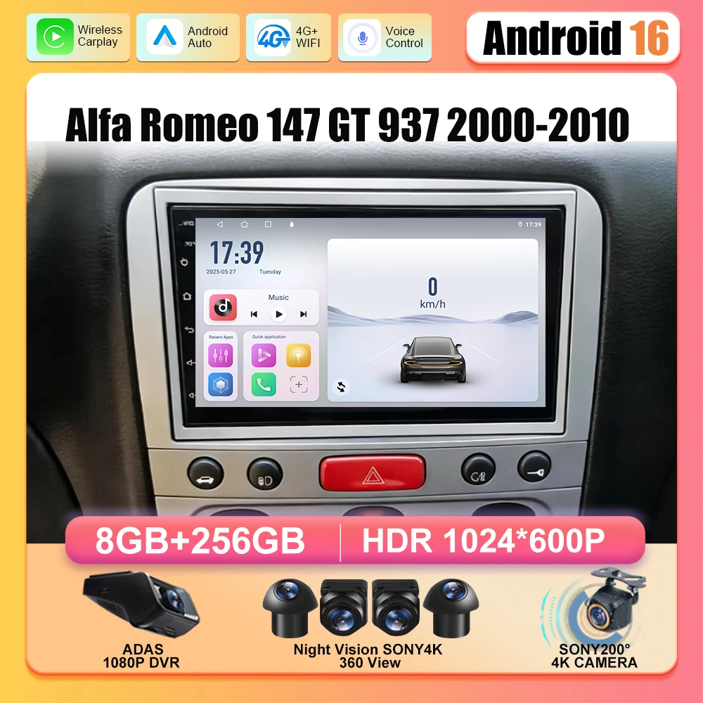 Android 16 Carplay für Alfa Romeo 147 GT 937 2000-2010 GPS-Navigation Video-Automonitor DVD-Autoradio GPS Automotive Multimedia