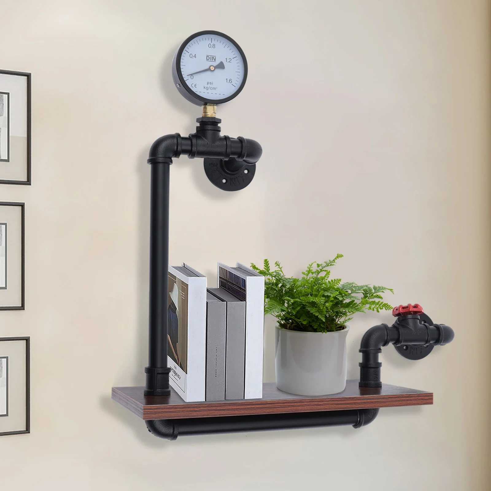 Rohrregal, industrielles 1-stöckiges Wandregal, rustikales Rohrregal aus Eisen und Holz, schwebendes Regal für Zuhause, Badezimmer, Küche Image