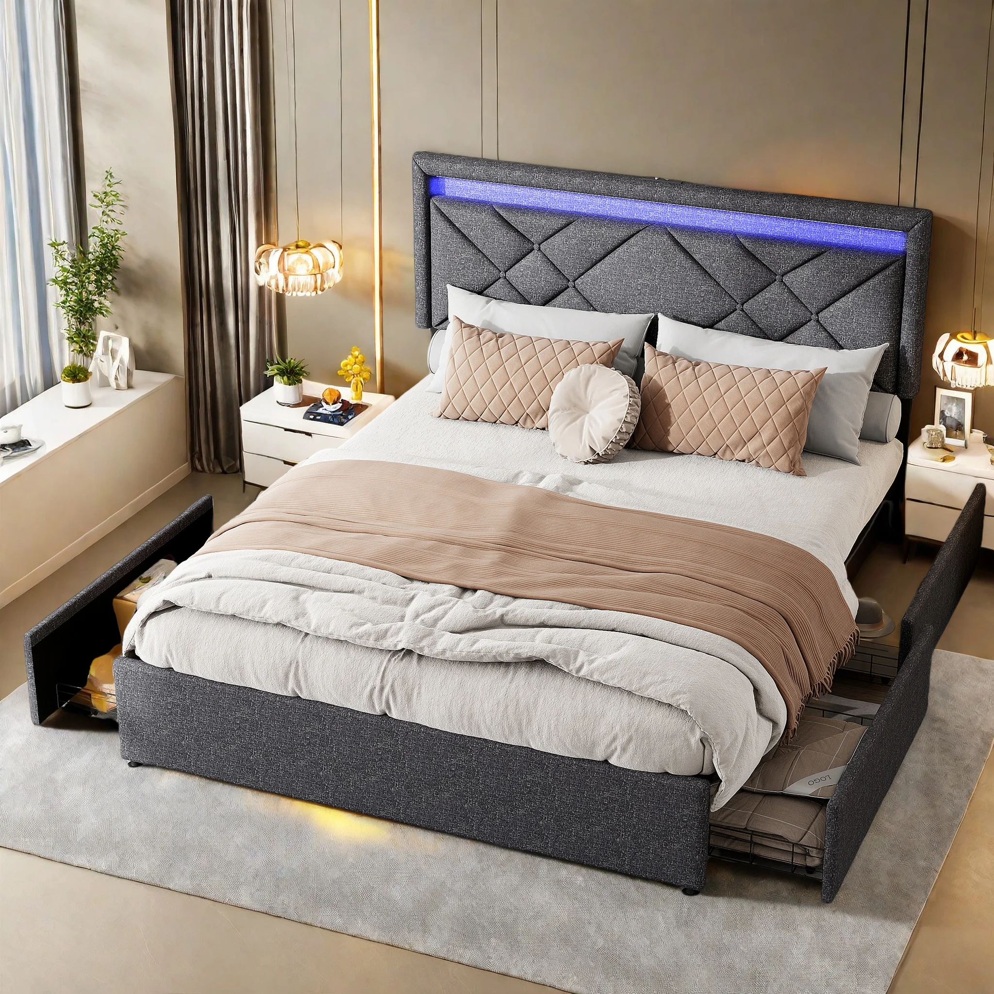 Polsterbett Doppelbett 160x200 cm, Stauraumbett mit LED-Licht und USB-Steckdose, Bett mit 4 Schubladen und Kopfteil, Jugendbett Bettgestell mit Lattenrost, Leinen, Ohne Matratze, Dunkelgrau