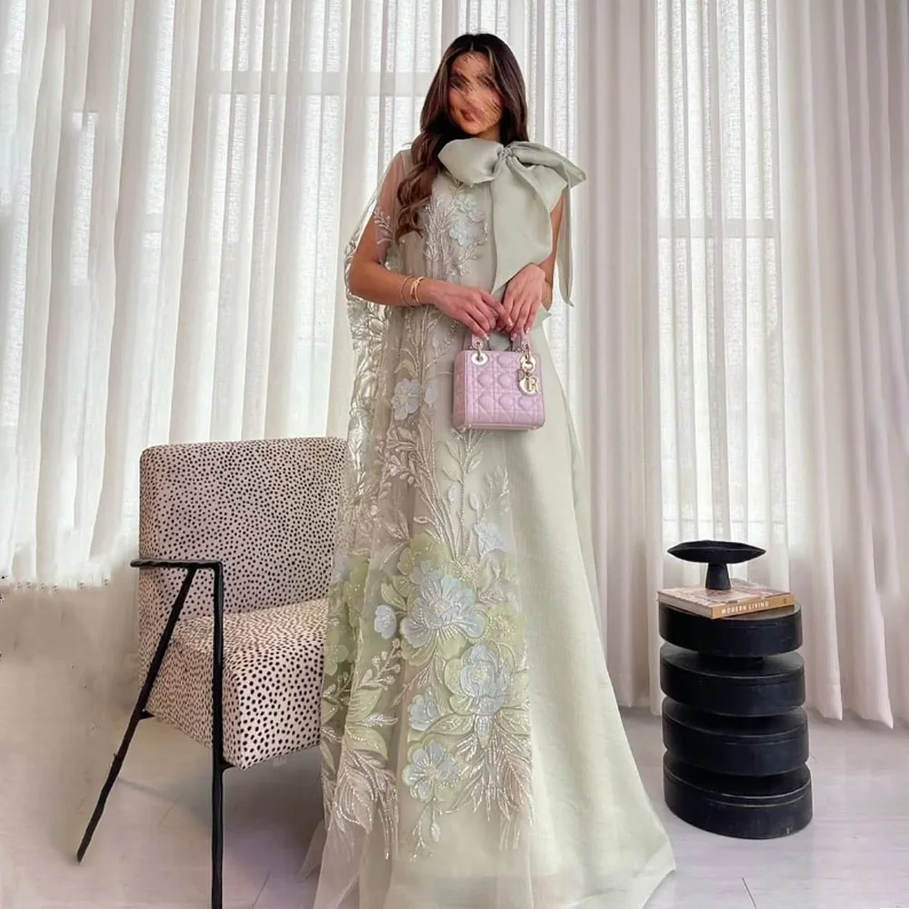 Customized High Quality Floor Length Sleeveless Bow Appliques Green Long Evening Dresses Formal Dress Women Elegant فساتين سهرة