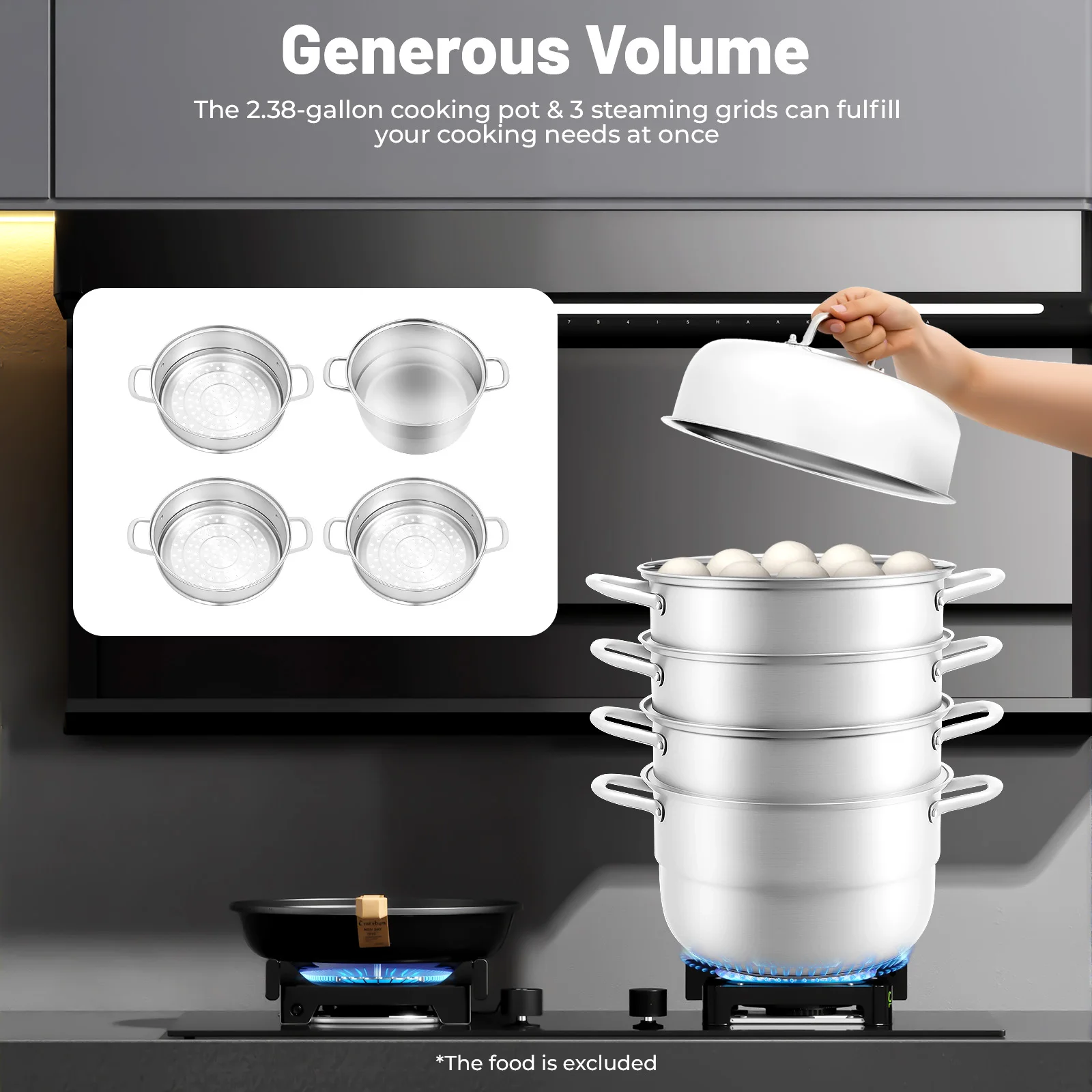 5-in-1-Dampfgarer aus Edelstahl 304, mehrschichtiger stapelbarer 9-Liter-Herd, kompatibel mit Induktionskochfeld, Zuhause, Küche Image