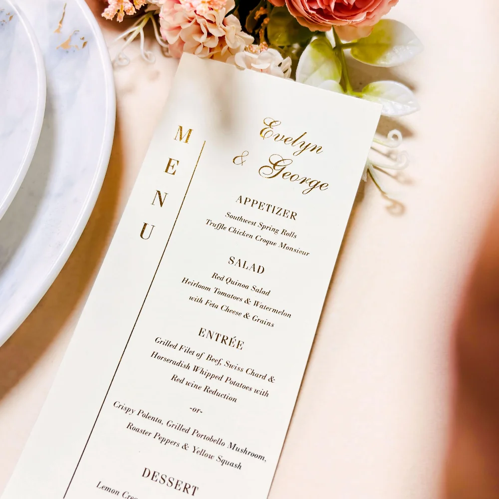 Hochzeitsmenü, Goldfolie, Text, Hochzeitseinladungen, Tischdekoration, Luxuskarten, Willkommensnotizkarten, Geburtstagsfeier für Gäste Image