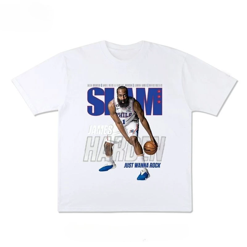 Poster von James Harden of The 76ers, American Basketball, lockeres Retro-Hip-Hop-Langarm-T-Shirt aus reiner Baumwolle für Männer und Frauen