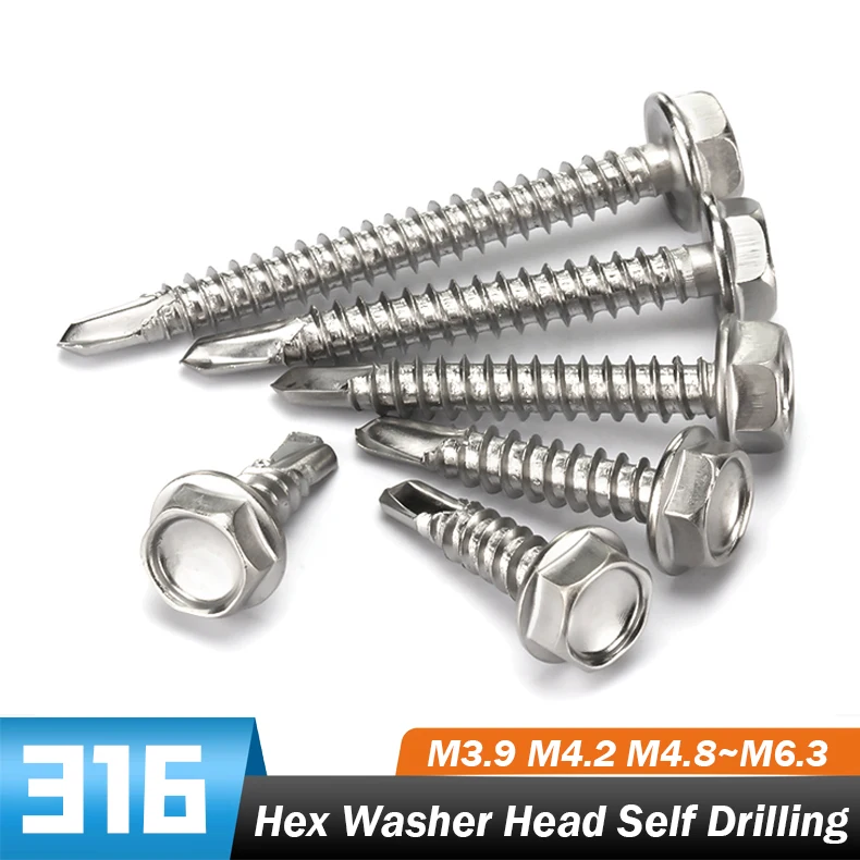 Vis autoperceuses à tête hexagonale en acier inoxydable 316 A4 M3.9 M4.2 M4.8 ~ M6.3, vis Tek autotaraudeuses pour tôle et bois, autoperceuses