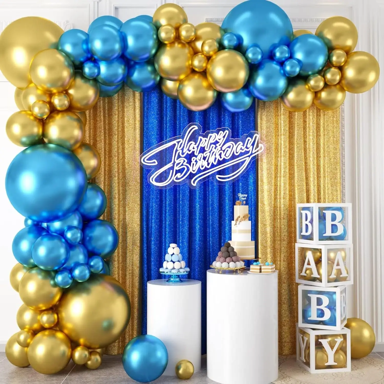 100-teiliges blaues und goldenes Latex-Ballon-Set aus Metall, geeignet für Geburtstagsfeiern, Hochzeiten, Partydekorationen zum Valentinstag Image