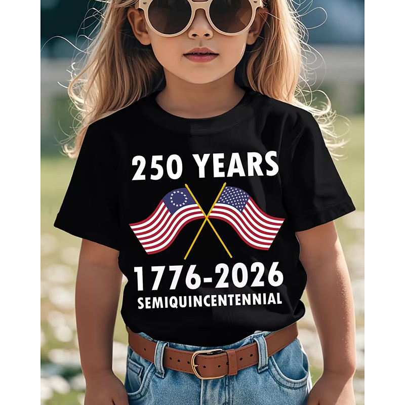 100% Cotton Kids Girls' Black White Graphic USA Flag 250th Anniversary Kid's American US Flag T shirt Tee Crew Neck Short Sleeve Vacation Sports Outdoor Dailywear Active Designer Casual Printing