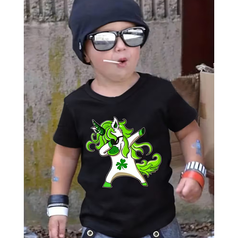 Cotton St. Patrick Kids Boys' Black White Red Graphic Unicorn T shirt Blouse Crew Neck Short Sleeve Outdoor Dailywear Fashion Streetwear Designer Printing Summer