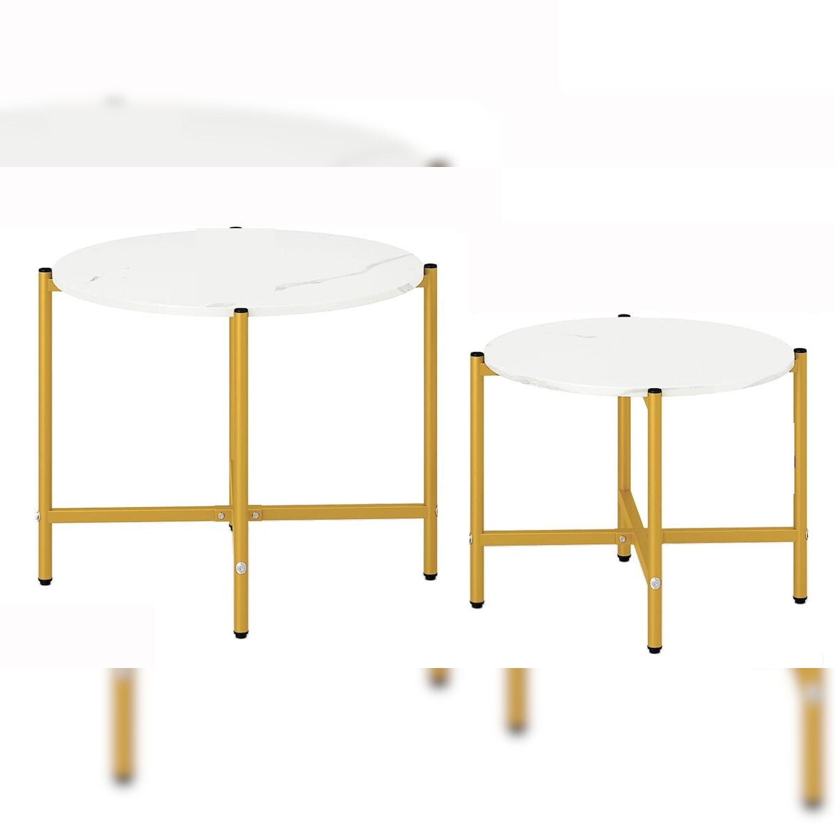 COSTWAY Set aus 2 runden Couchtischen, Beistelltische mit Marmoroptik und Metallgestell, moderner Wohnzimmertisch, Couchtisch Image