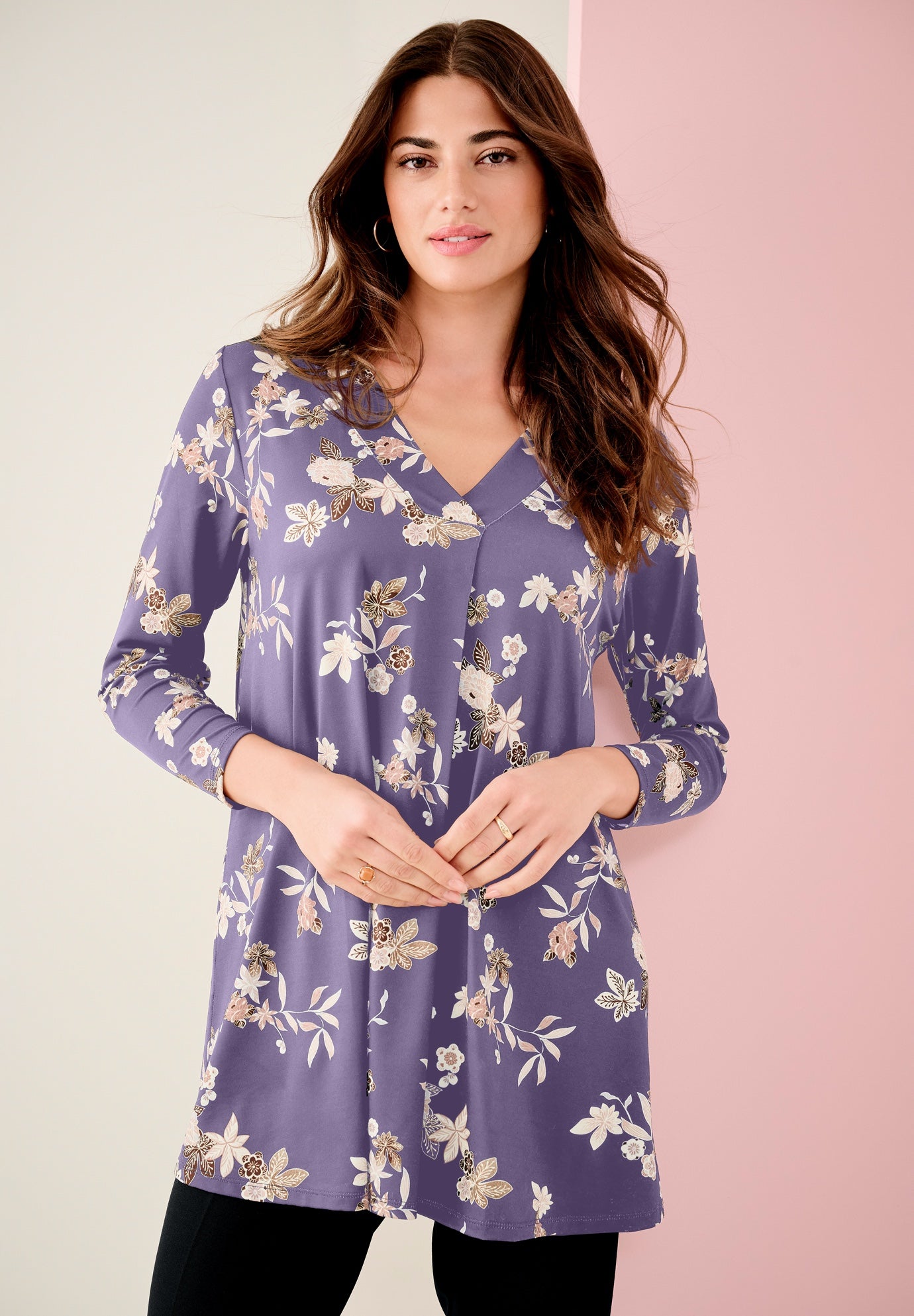 Plus Size Women's Banded V-neck Blouse by Roaman's in Soft Grape (Size 18/20)