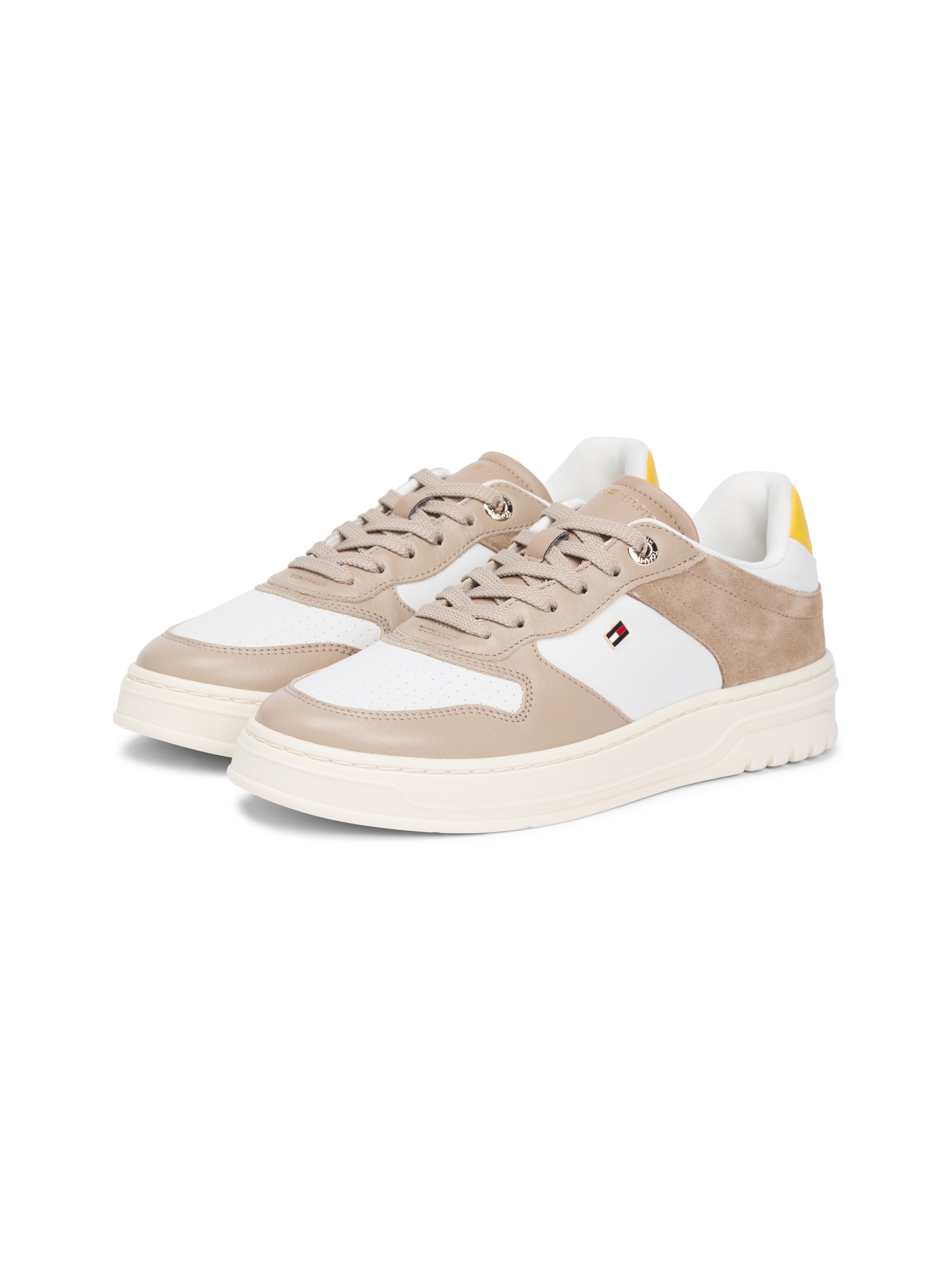 Plateausneaker TOMMY HILFIGER "TH SPORTY CUPSOLE TUMBLED LTR", Damen, Gr. 37, taupe, weiß, gelb, Leder, Schuhe Plateausneaker, Freizeitschuh, Halbschuh, Schnürschuh mit Kontrastbesätzen