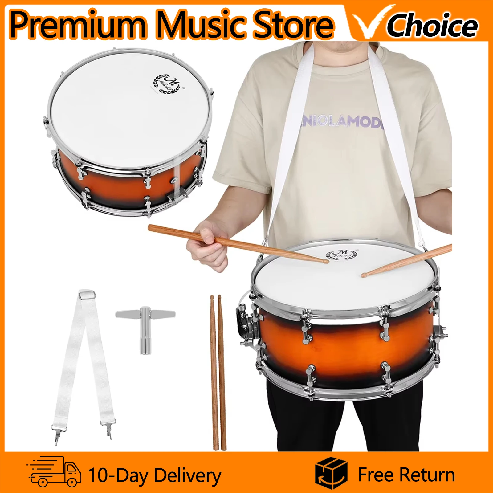 M MBAT 14×6,5 Zoll Snare Drum Metall Percussion Instrumente Marschschlagzeug Anfänger Drum Skins Snare Drums mit Drumsticks Riemen Image