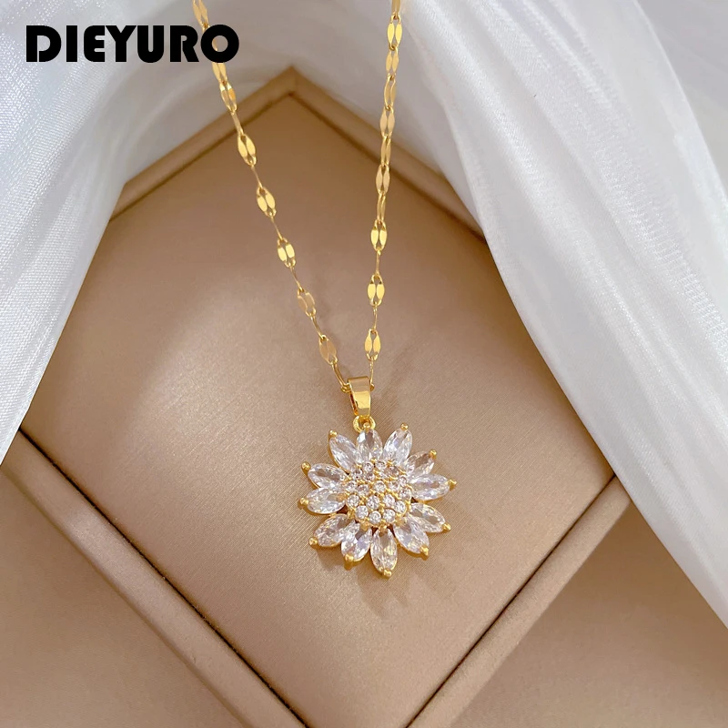 DIEYURO Collana con ciondolo fiore zircone di lusso in acciaio inossidabile 316L per donna Ragazza nuova tendenza gioielli con catena clavicola regalo da donna
