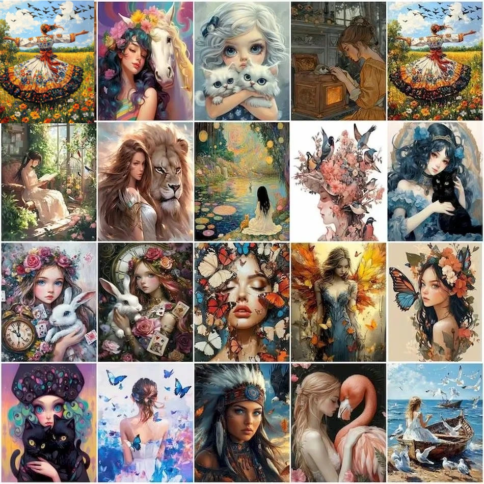 Malen nach Zahlen, Erwachsene, Frauen und Tiere, abstraktes Malen nach Zahlen, DIY-Handwerk, Malset, handgefertigte Bildzeichnung Image