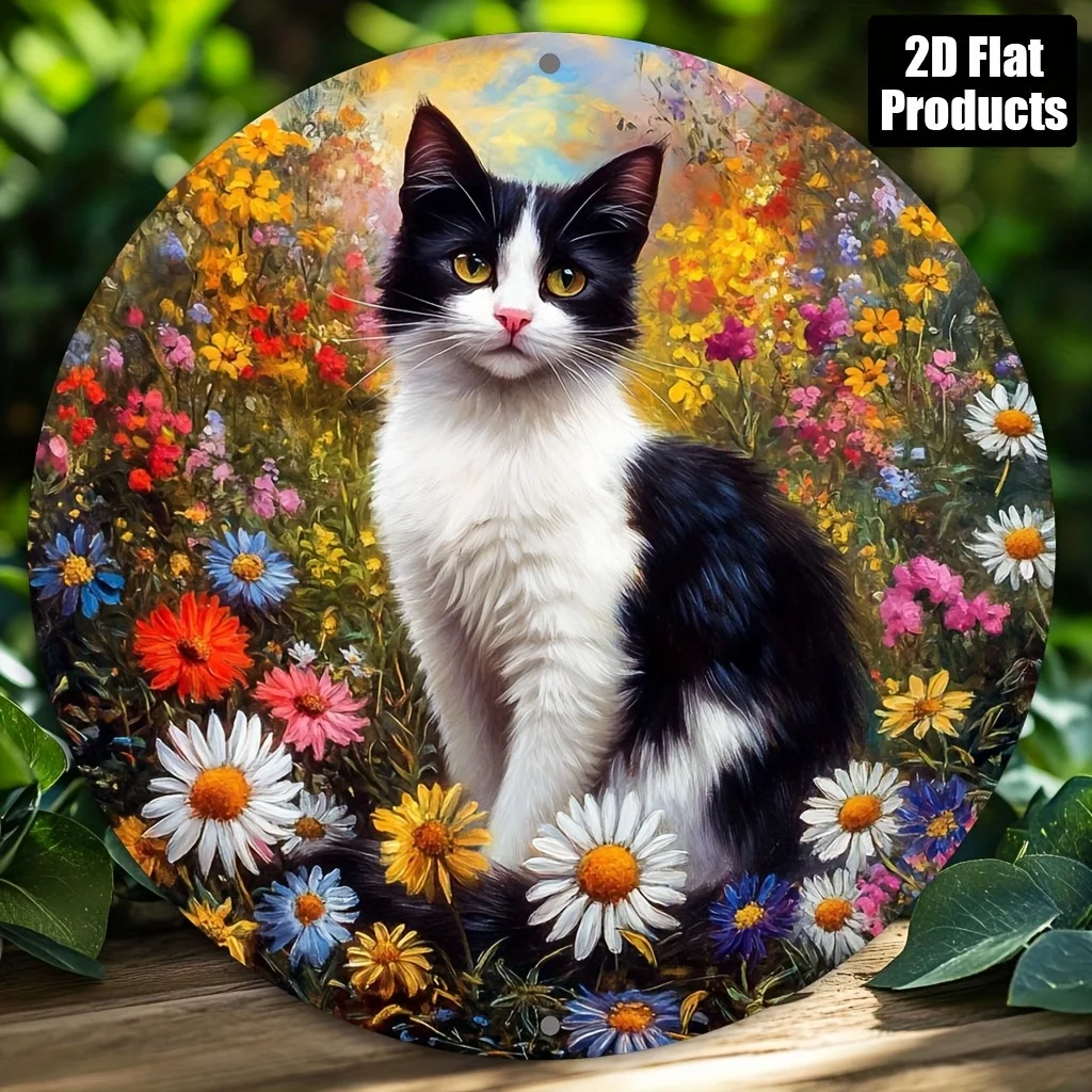 2D flach, 1 Stück, 2D-Flachdruck, Katzen- und Blumenthema, rundes dekoratives Schild aus Aluminium und Metall, geeignet für Bar, Küche, Café, Ho Image
