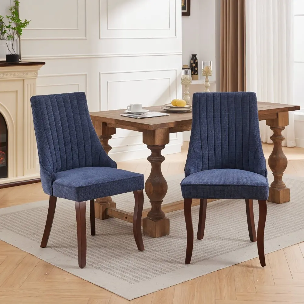Esszimmerstühle aus Rayon-Stoff mit Beflockung aus Leinen, Küchen-Esszimmerstuhl, bequemer Stoff gepolstert, mit gebogenen Beinen aus massivem Holz, 2er-Set