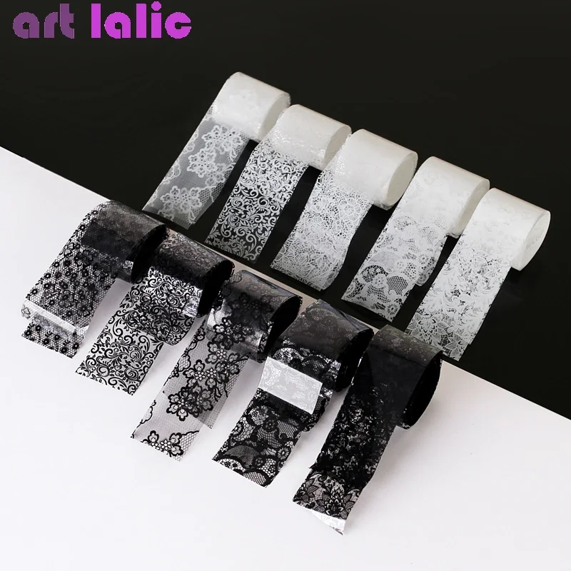 10 rollen 2,5*60 cm Neue Schwarz Weiß Spitze Transfer Folie Nail art Sexy Volle Wraps Blume Kleber klebstoff DIY Maniküre Styling Werkzeuge Image