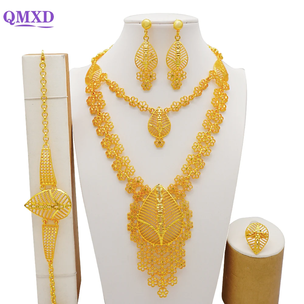 Set di gioielli Color oro indiano Dubai per le donne Set di collana lunga da sposa Set di anelli per orecchini con bracciale e collana girocollo nigeriana