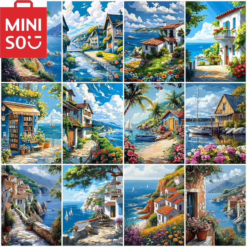 MINISO Ölgemälde nach Zahlen Landschaft Haus Meer Freizeit Home Dekoration Malerei Wand Schlafzimmer Zimmer Dekor Geschenk Rahmen