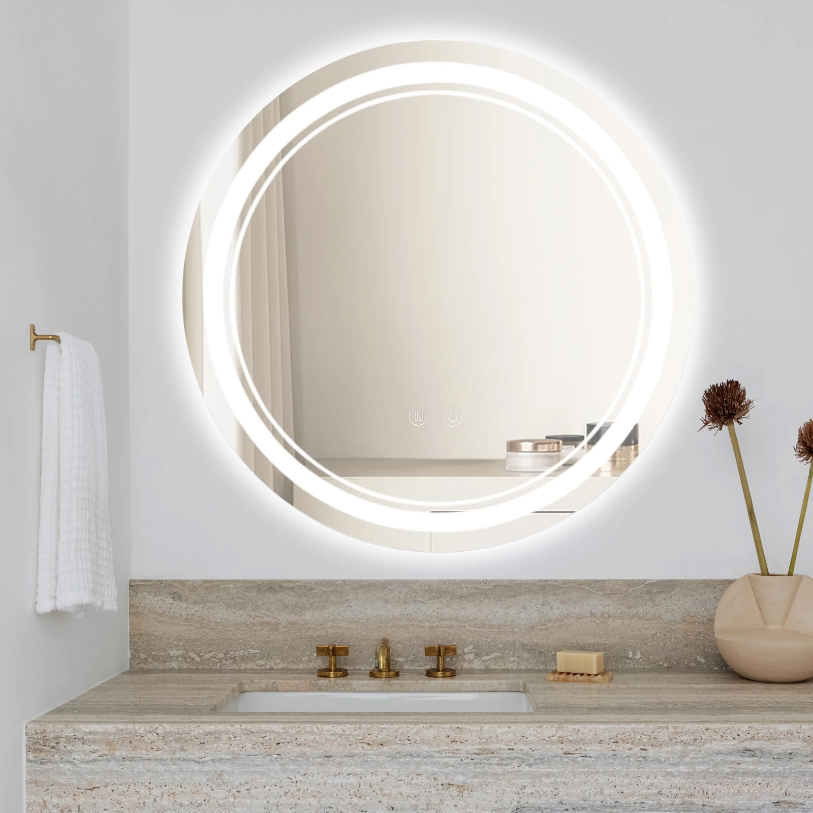 Specchio da bagno rotondo a LED da 50 cm con luci, antiappannamento, dimmerabile, specchio da bagno illuminato, specchio da trucco con piastre sospese