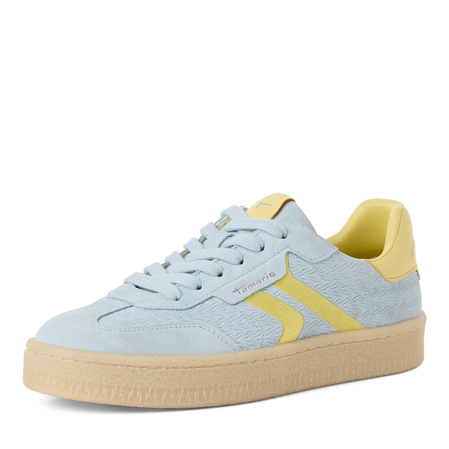 Plateausneaker TAMARIS, Damen, Gr. 38, hellblau, gelb, Lederimitat, Veloursleder, unifarben mit Farbeinsatz, Schuhe Plateausneaker, Schnürschuh, Halbschuh, Freizeitschuh mit gepolstertem Schaftrand
