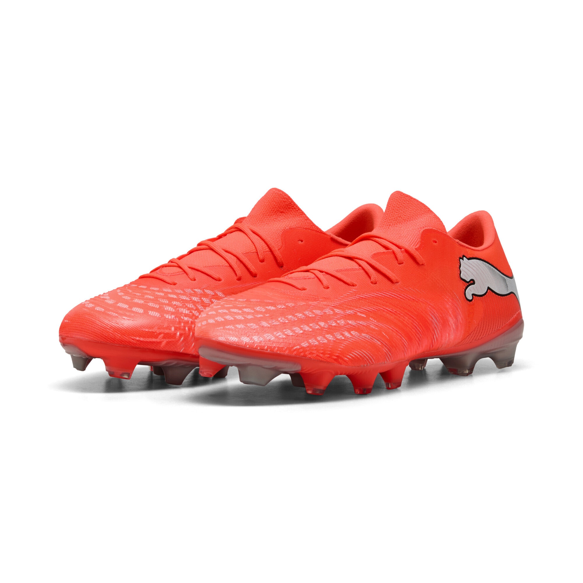 Fußballschuh PUMA "FUTURE 9 MATCH FUSION FG/AG Fußballschuhe Erwachsene", Damen, Gr. 44,5, glowing rot weiß schwarz silber, Obermaterial: Synthetik, Textil; Futter: Synthetik, Textil; Innensohle: Textil; Laufsohle: Synthetik, Schuhe Fußballschuh
