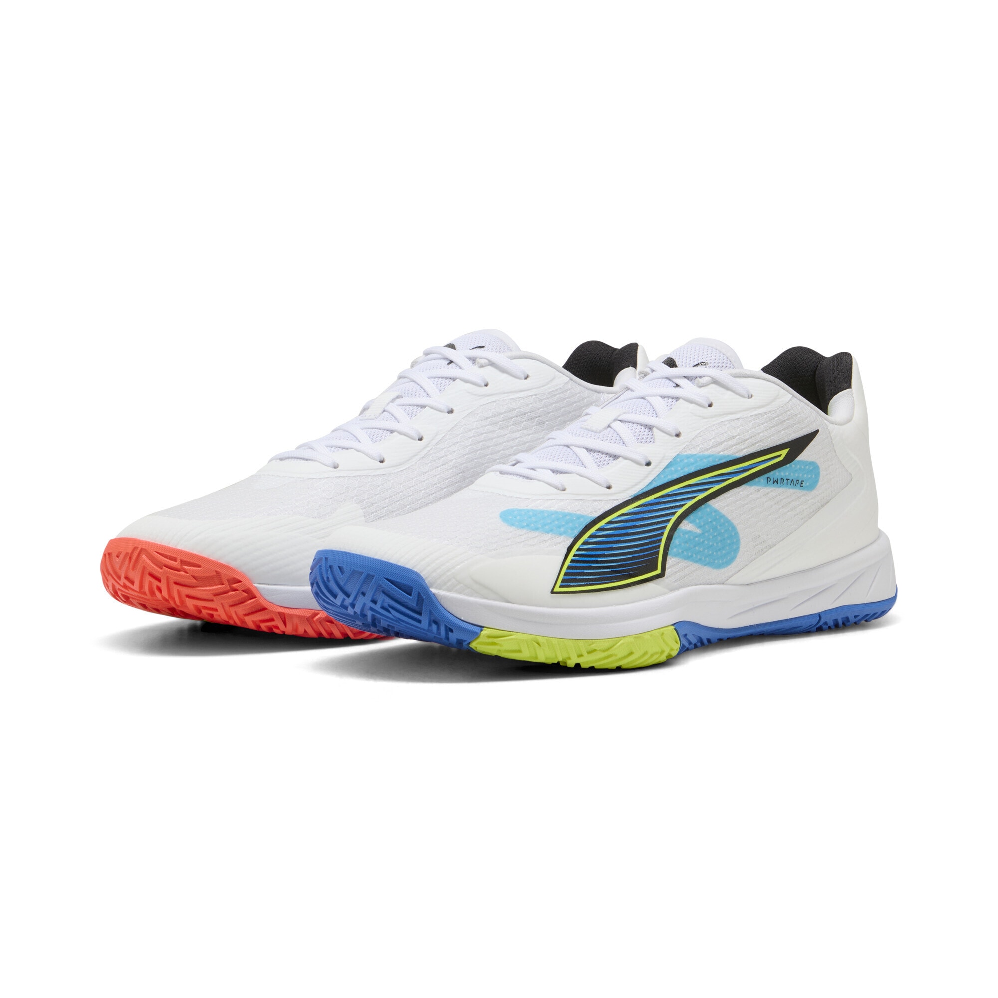 Sneaker PUMA "Accelerate Turbo 4 Game On Handballschuhe Erwachsene", Damen, Gr. 45, weiß glowing rot ultra blau, Obermaterial: Textil, Synthetik; Futter: Textil; Innensohle: Textil; Laufsohle: Gummi, Synthetik, Schuhe Sneaker