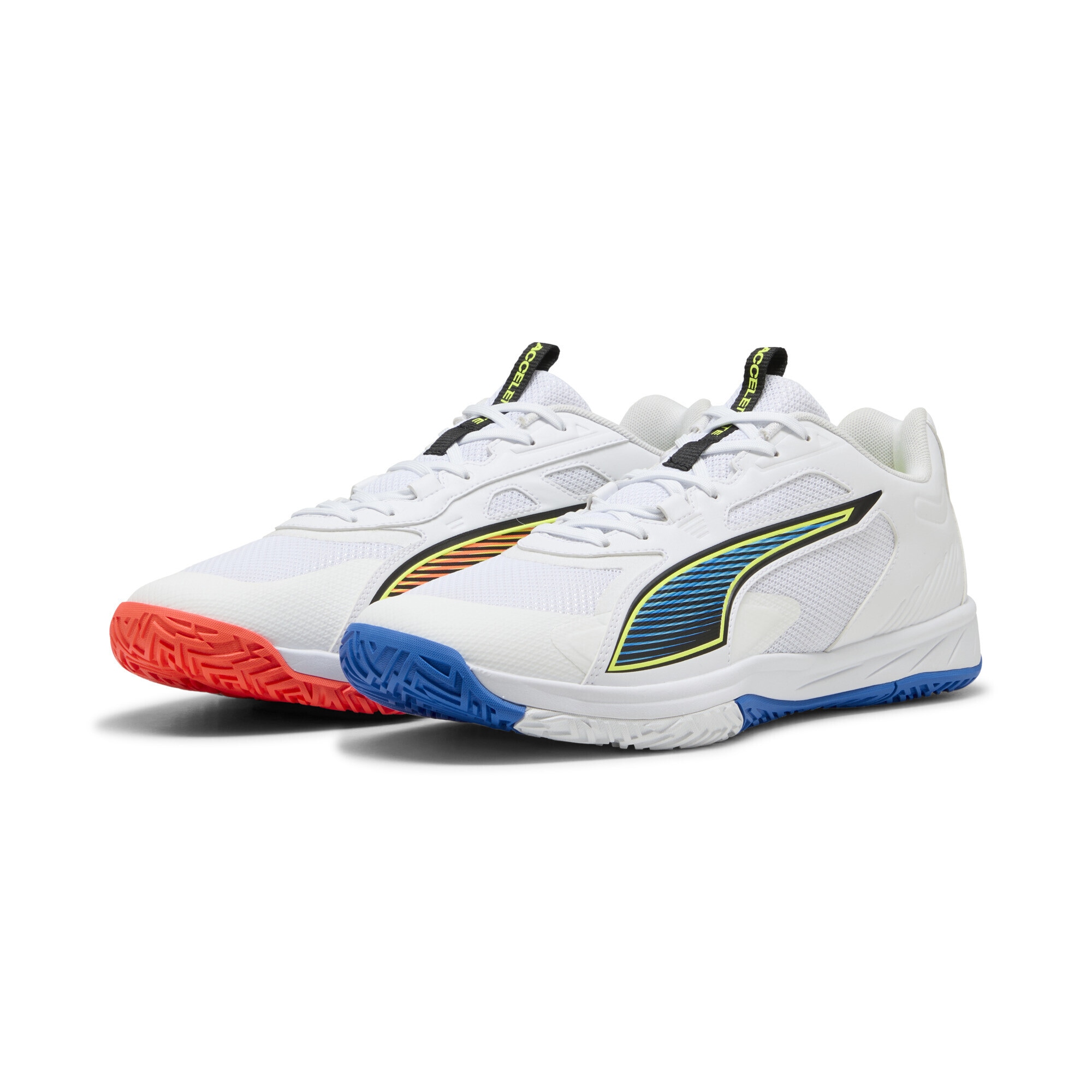 Sneaker PUMA "Accelerate Pro 4 Game On Handballschuhe Erwachsene", Damen, Gr. 43, weiß glowing rot ultra blau, Obermaterial: Synthetik, Textil; Futter: Textil; Innensohle: Textil; Laufsohle: Gummi, Synthetik, Schuhe Sneaker
