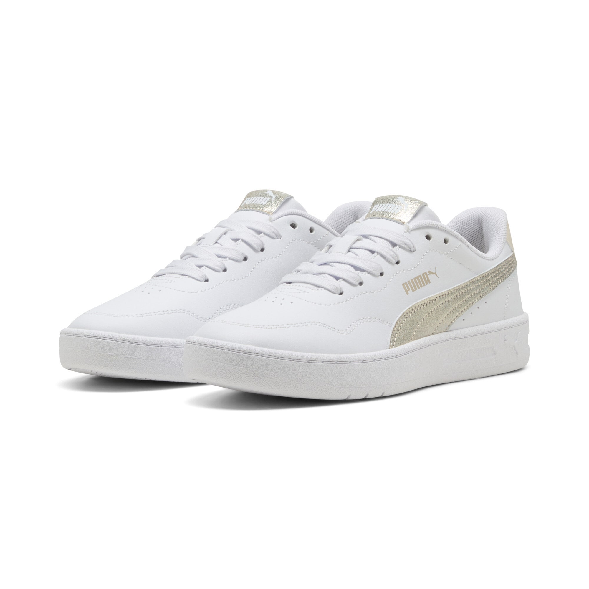 Sneaker PUMA "Court Lally Metallic Whisper Sneakers Damen", Damen, Gr. 37, weiß gold, Obermaterial: Textil, Synthetik; Futter: Textil; Innensohle: Textil; Laufsohle: Gummi, Schuhe Sneaker