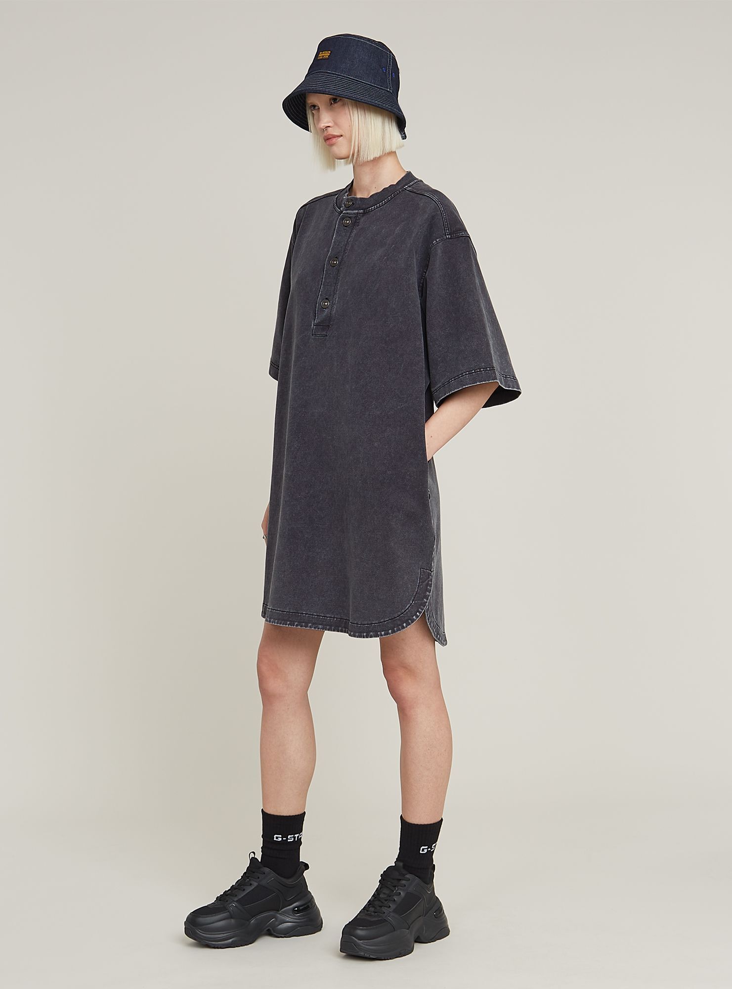 Sweatkleid G-STAR "Balloon Loose Sweater Kleid", Damen, Gr. S, Normalgrößen, dk schwarz marble gd, Obermaterial: 96% Baumwolle, 4% Elasthan, Kleider Sweatkleid