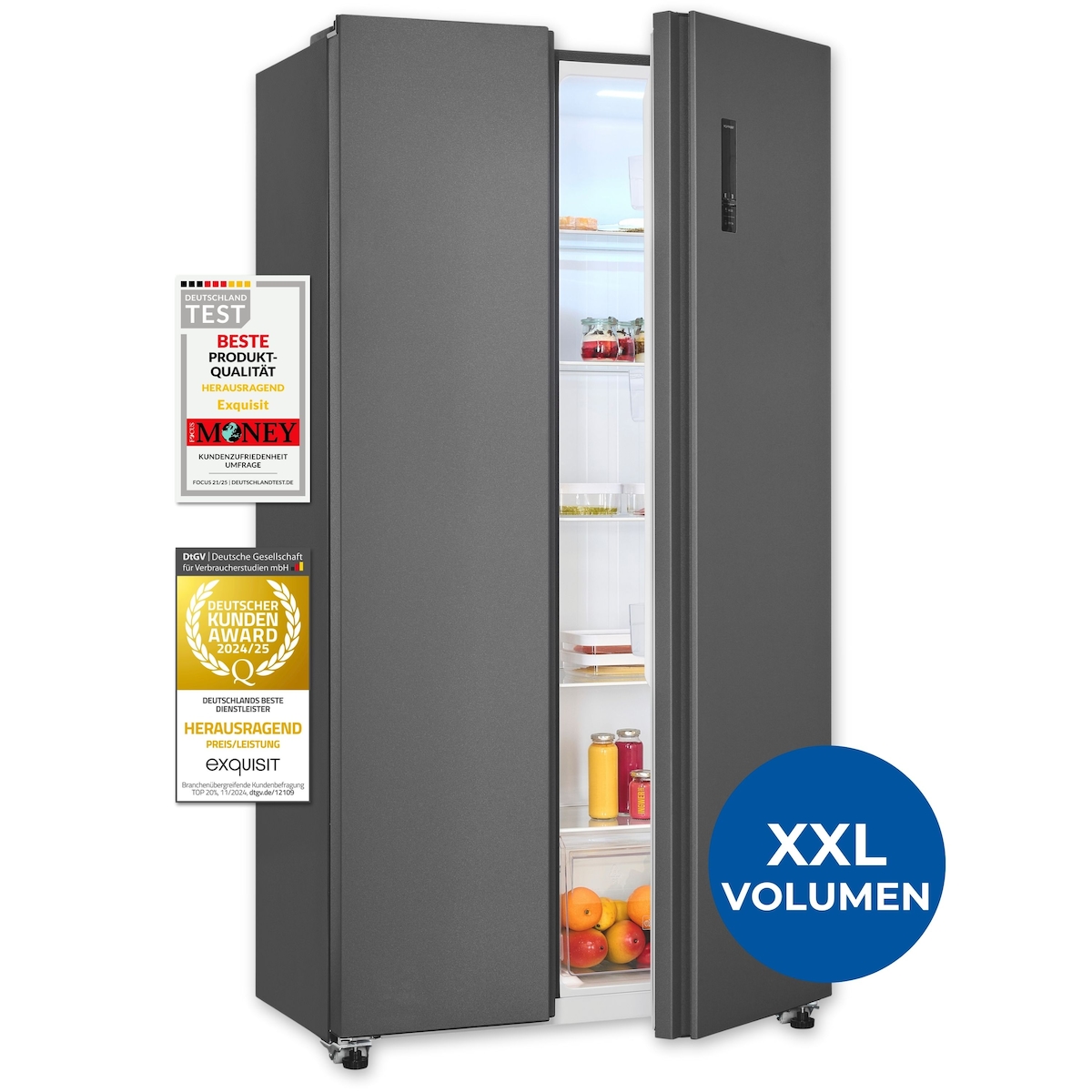 Exquisit Side-by-Side Kühlschrank mit Gefrierfach, 442 Liter, No-Frost, LED-Display, leise 39 dB, Griffmulde, 90 cm Breite, SBS46-040E anthrazit Image